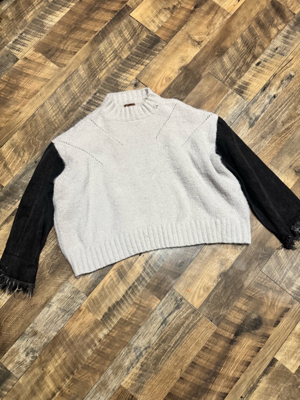 POL Two-Tone Women’s Crewneck Sweater - Cream Body with Black Denim Sleeves